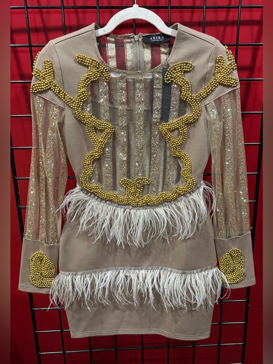 AKIRA Dresses & Skirts - AKIRA Taupe Mini Dress with Gold Beaded Detail & Feather Trim